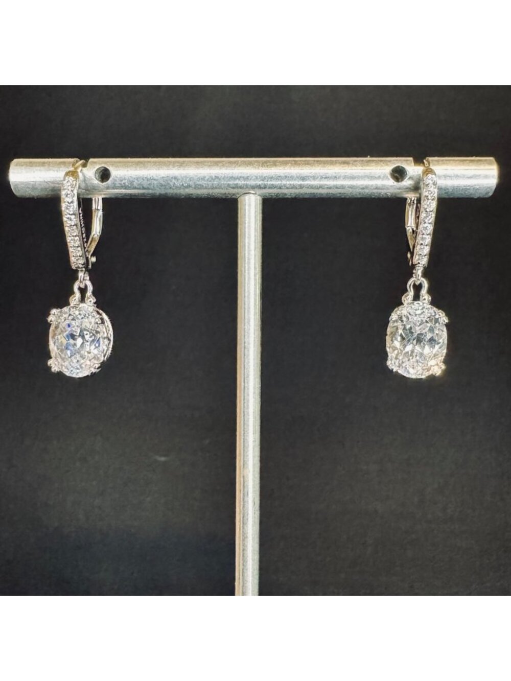 VTG Sterling Silver 925 Oval Cut Cubic Zirconia Dangle Earrings Size 1" Length